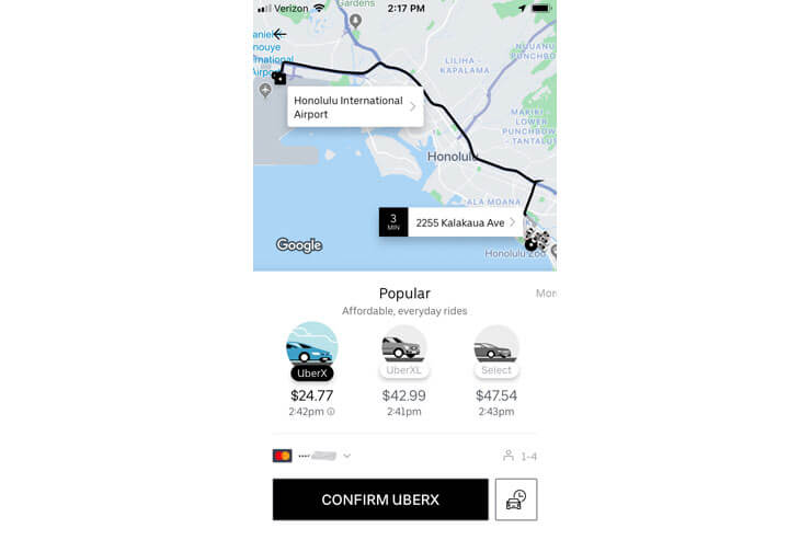 ウーバー（Uber）のアプリ画面