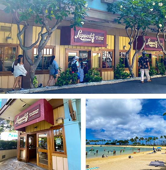 ラパーツ・ハワイ ワイキキ店の外観とラグーンビーチ
